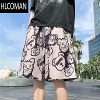 HLCOMAN冰丝沙滩裤男夏季薄款花短裤宽松潮牌卡通直筒篮球速干居家大裤衩
