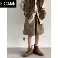 HLCOMAN夏季日系复古基础款卡其色工装短裤男女生休闲百搭直筒宽松五分裤