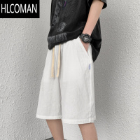 HLCOMAN红色亚棉麻抽绳短裤男夏季胖子大码宽松休闲五分裤薄款过膝6分裤