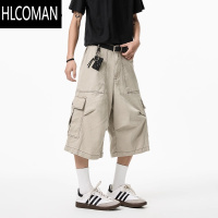 HLCOMAN美式褶皱多口袋七分裤男女宽松伐木阔腿工装裤cleanfit短裤子