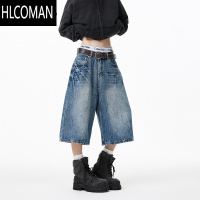 HLCOMAN美式铆钉水洗闪电纹7七分牛仔裤男女潮牌宽松设计感做旧短裤