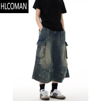 HLCOMAN夏季新款多口袋褶皱工装牛仔短裤男女宽松直筒斑点水洗做旧七分裤