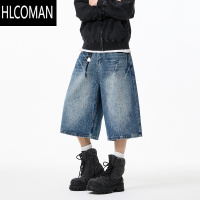 HLCOMAN美式高街闪电纹七分牛仔裤男2025年夏新款潮牌宽松短裤阔腿7分裤