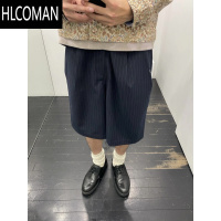 HLCOMAN两个月亮立体打褶A字西装短裤/七分宽松廓形竖条纹西裤男女潮