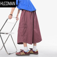 HLCOMAN酒红色工装七分裤子男款夏季潮牌宽松阔腿休闲短裤男生八分裤