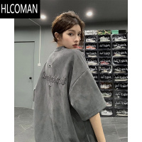 HLCOMAN短袖t恤男士夏季新款美式复古痞帅刺绣宽松仿绒半袖体恤
