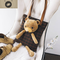 新款潮卡哇伊格子大容量小熊毛绒玩具公仔女士单肩包休闲手提包包 艾狄伊娃手提包