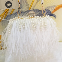 2020年春季新款珍珠鸵鸟羽毛毛包洋气女流苏斜挎百搭晚宴会手拿包 艾狄伊娃女手包