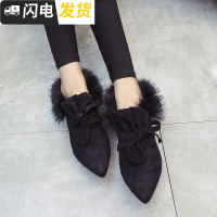2022欧洲站秋冬新款毛毛尖头棉瓢鞋女蝴蝶结时尚貂毛加绒平底船鞋启如休闲鞋休闲鞋
