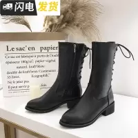 靴子女2022秋冬新款英伦风中筒马丁靴女学生尖头机车后跟绑带靴子启如