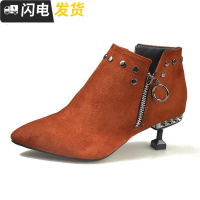 猫跟鞋女2022秋冬新款细跟短靴女中跟尖头铆钉裸靴加绒冬靴马丁靴启如