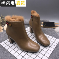 2022年时尚姿彩圆头粗跟短靴女后拉链秋冬加绒马丁靴女靴启如