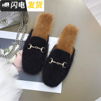 2022秋季新款红毛毛头半拖鞋女社会平底时尚复古chic外穿懒人启如