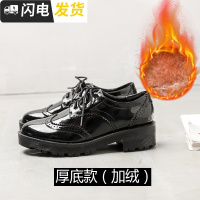 ins英伦风中跟小皮鞋女百搭红2022秋冬季新款加绒黑色厚底单鞋启如休闲鞋