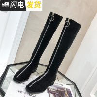 2022秋冬新款英伦粗跟长筒及膝长靴女圆头前拉链中跟女靴骑士靴子启如