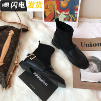 韩版ins街拍机车英伦皮带扣套筒袜靴复古平跟女chic马丁短靴冬启如