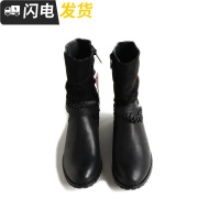 阿福 30欧!皮绒拼接 编织款马丁靴中筒靴女启如女士靴子
