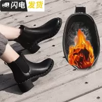 大叔家2022新款秋冬圆头铆钉粗跟皮面切尔西短靴女显瘦松紧带踝靴启如