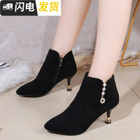 黑跟短靴女2022秋冬新款细跟马丁靴短靴女高跟鞋尖头裸靴子女启如