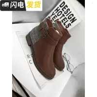 92-新款方跟圆头单款拼接方扣短靴启如