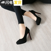 尖头黑色高跟鞋防台绒面工作鞋上班职业礼仪单鞋春秋办公ol女鞋启如高帮鞋