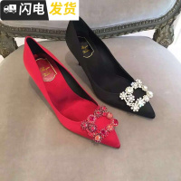 方扣单鞋女2022新款尖头女鞋绸缎5cm高跟鞋细跟婚纱红色新娘婚鞋启如休闲鞋