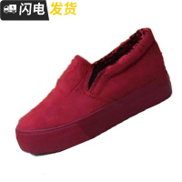 帆布鞋女秋冬内增高一脚蹬懒人鞋黑色加绒厚底松糕跟工作鞋潮启如