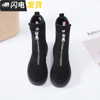 前拉链马丁靴女秋冬加绒平底绒面中筒雪地靴红黑色guidi短靴子启如