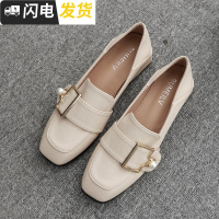 2022秋鞋新款一脚蹬粗跟仙女单鞋百搭红ins小皮鞋秋中跟鞋女潮启如休闲鞋