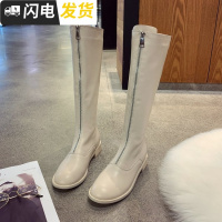 欧美长筒靴女白色前拉链长靴子2022新款复古倒靴高筒靴马丁靴启如