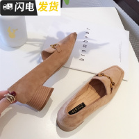 英伦复古方头淑女性粗跟中跟奶奶鞋工作软皮2022韩版百搭舒适单鞋启如休闲鞋