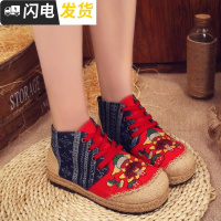 春秋北京绣花布鞋民族风平底女鞋复古圆头手工高帮厚底亚麻布鞋女启如休闲鞋休闲鞋