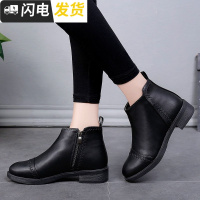 马丁靴女靴2022秋冬靴子时尚短筒圆头中跟方跟黑色靴子侧拉链短靴启如