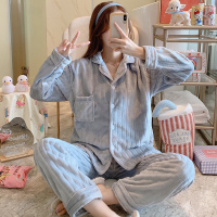 冬天睡衣女春秋冬季长袖开衫坑条法兰绒加毛绒加厚家居服两件套装