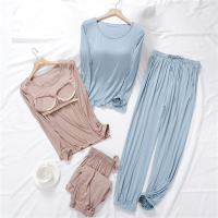 简约纯色带胸垫文胸睡衣女春秋莫代尔薄大码长袖长裤家居服套装冬