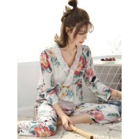 春秋天绵绸睡衣女士长袖薄款绸套装韩版人造棉宽松家居服大码