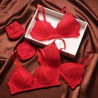 内衣女无钢圈小胸聚拢上托防下垂蕾丝性感大红色本命年文胸套装薄