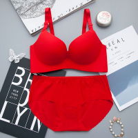 大红色内衣套装结婚本命年无钢圈一片式小胸聚拢大码薄款女士文胸