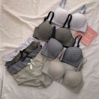 日系少女初中高学生内衣无钢圈聚拢调整型薄款蕾丝格子文胸套装