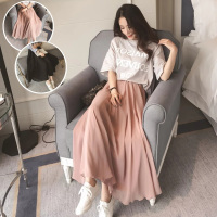 夏季百褶雪纺及踝长裙半身裙大码高腰中长款女学生大摆网沙滩裙子