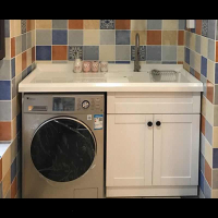 阳台洗衣柜组合带搓板高低洗衣池洗衣台浴室柜石英石洗衣机柜 1.1米[颜色备注,左右备注]
