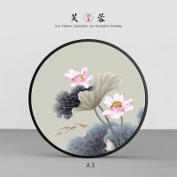 新中式客厅背景墙装饰画玄关卧室床头挂画圆形餐厅荷花中 A3 50*50优雅黑外框(40mm厚)木圆框+馆藏级油
