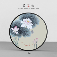 新中式客厅背景墙装饰画玄关卧室床头挂画圆形餐厅荷花中 A4 70*70优雅黑外框(40mm厚)木圆框+馆藏级油
