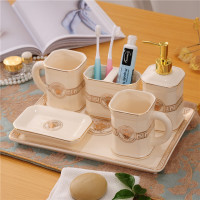 欧式创意陶瓷卫浴五件套闪电客浴室用品卫生间情侣牙刷杯漱口杯洗漱套装 金人头卫浴六件套含小托盘皂盒单层不沥水
