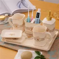 欧式创意陶瓷卫浴五件套闪电客浴室用品卫生间牙刷杯漱口杯结婚洗漱套装 金人头六件套（皂盒沥水）含托盘
