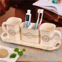 欧式创意陶瓷卫浴五件套闪电客浴室用品卫生间牙刷杯漱口杯结婚洗漱套装 金皇冠情侣套装含托盘