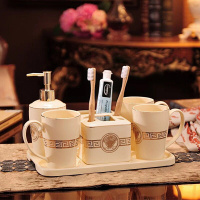 欧式陶瓷漱口杯套装带托盘闪电客浴室洗漱五件四口之家刷牙杯情侣牙刷杯 三口之家带手把,米黄金人头