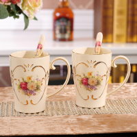 欧式陶瓷漱口杯套装带托盘闪电客浴室洗漱五件四口之家刷牙杯情侣牙刷杯 情侣杯(2杯2勺),芙蓉花