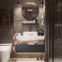 闪电客智能大理石轻奢浴室柜组合简约现代卫生间小户型洗脸盆卫浴洗漱台 0.8米铁艺圆镜