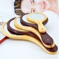 工匠时光美容院镜子化妆镜随身镜木质复古手拿便携梳妆镜大号手柄镜圆形